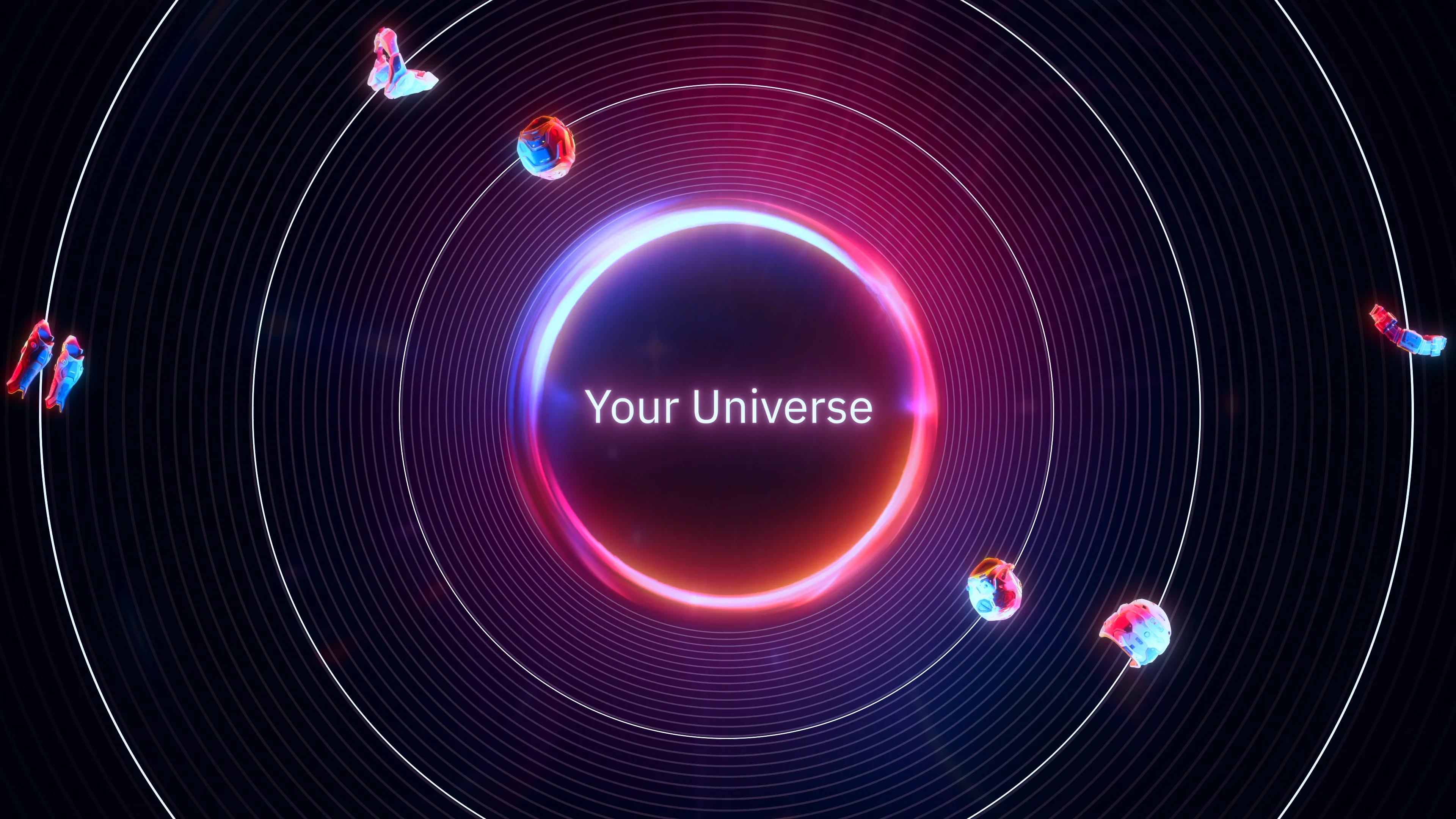 The image presents a vibrant, futuristic, and cosmic visualization centered around a glowing sphere labeled 'Your Universe,' utilizing concentric rings and luminous particles to create a sense of depth and immense scale.