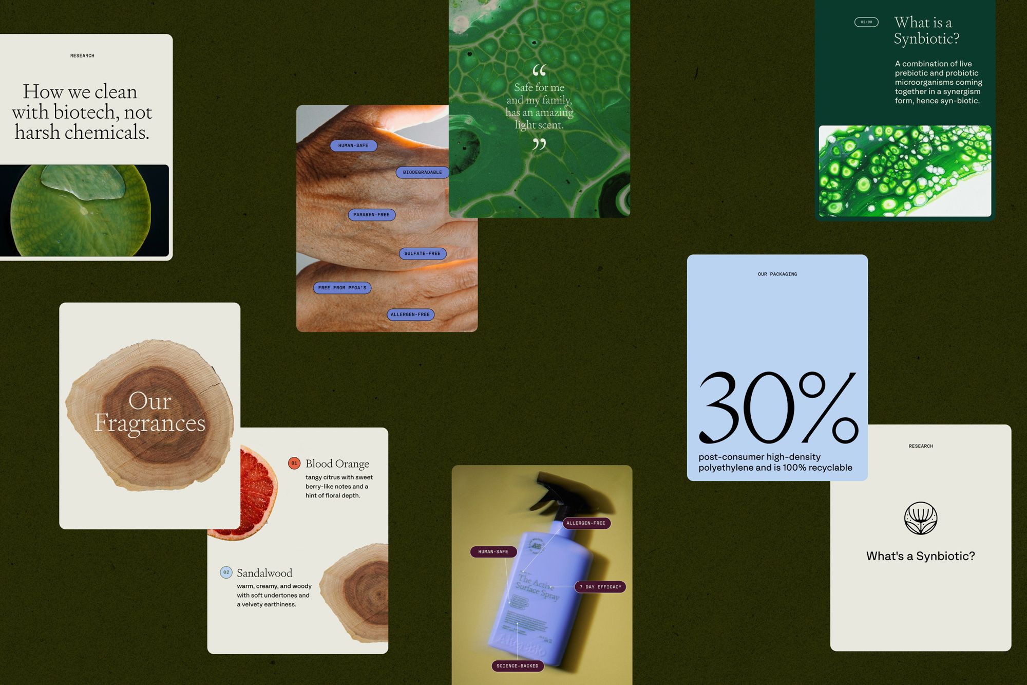 The design features a clean, minimalist aesthetic with an earthy, muted color palette and organic imagery. It uses ample white space and a grid-like arrangement to present product information in a sophisticated and natural way.