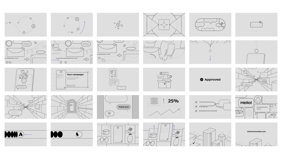 This image showcases a collection of clean, monochromatic UI wireframes and user flow diagrams designed for rapid prototyping. The visual language relies heavily on simple line art, spatial relationships, and strict structure to convey functionality and concept clarity. The overall aesthetic is highly professional and analytical.