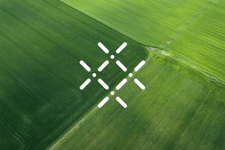 The image features a vibrant, lush green field overlaid with a minimalist white geometric pattern. The design balances the organic texture of the agricultural landscape with clean, modern graphic elements, creating a sense of precision and contemporary nature.