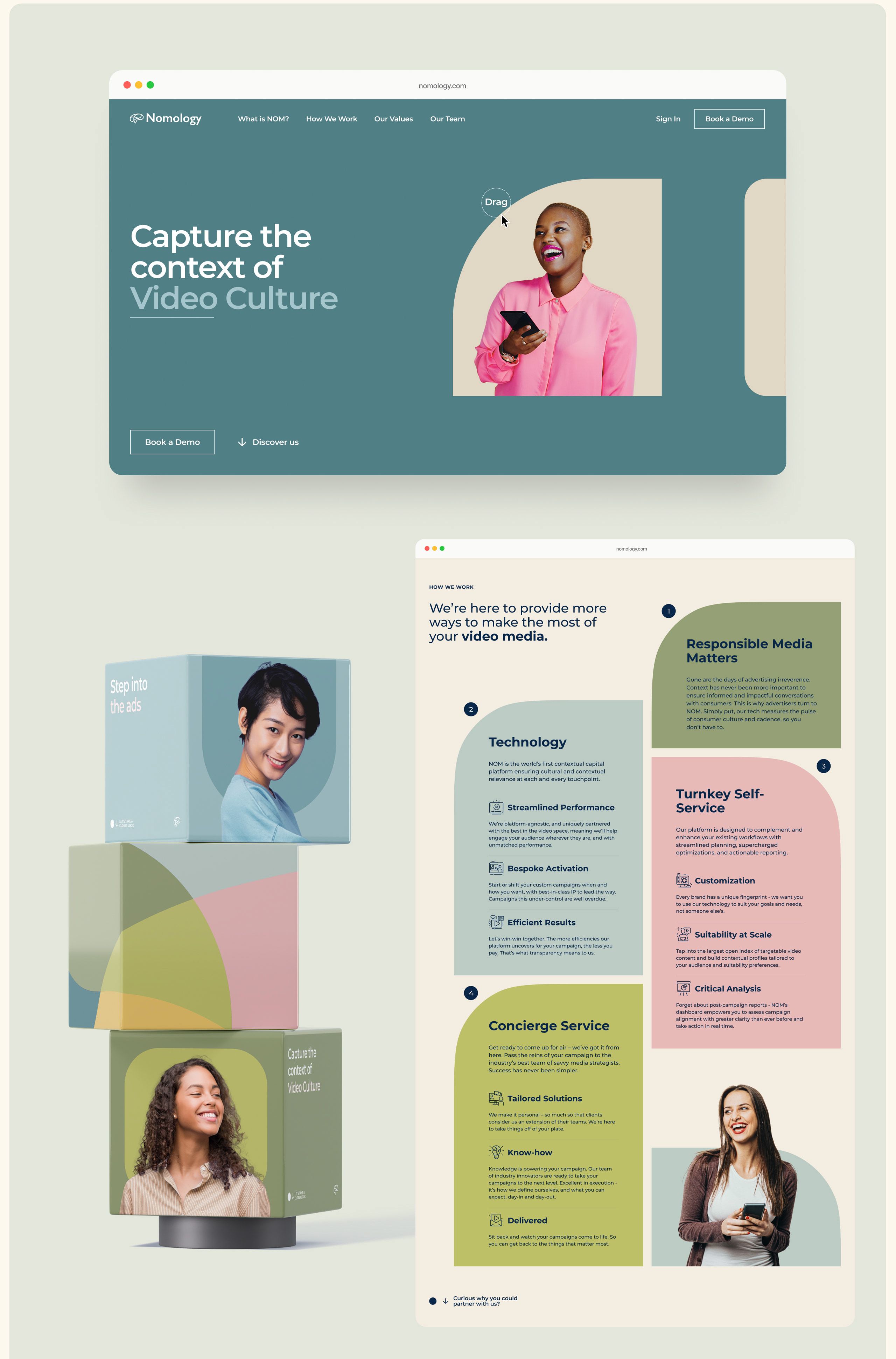 The design presents a clean, modern, and professional interface, utilizing ample white space and soft pastel tones to convey trust and sophistication. The layout is structured with distinct sections, guiding the user through information logically.