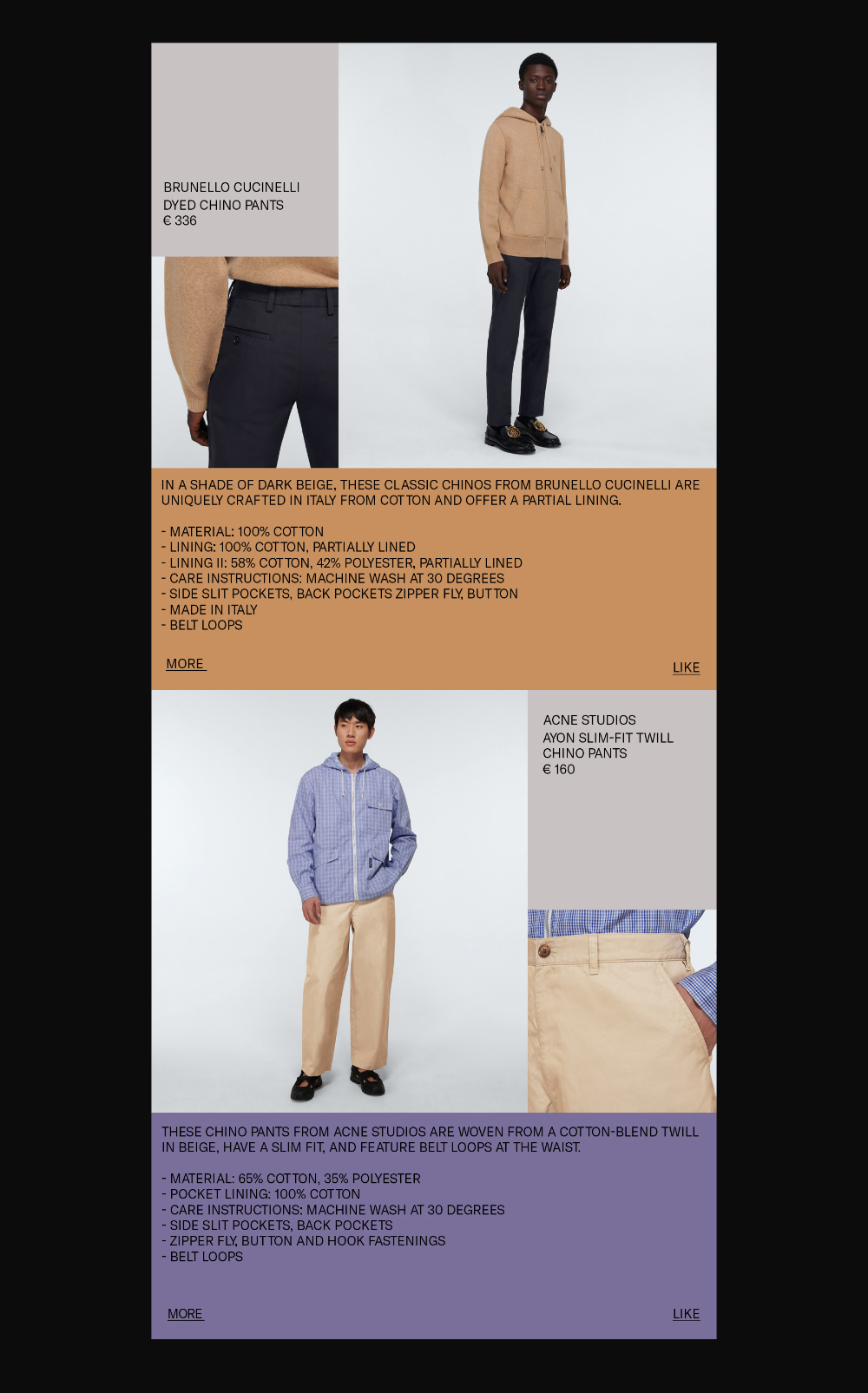 The image showcases two distinct pairs of chino pants, highlighting tailored fits and material details. The visual language is clean, minimalist, and focused on showcasing the garment's structure and fabric quality against a neutral background.