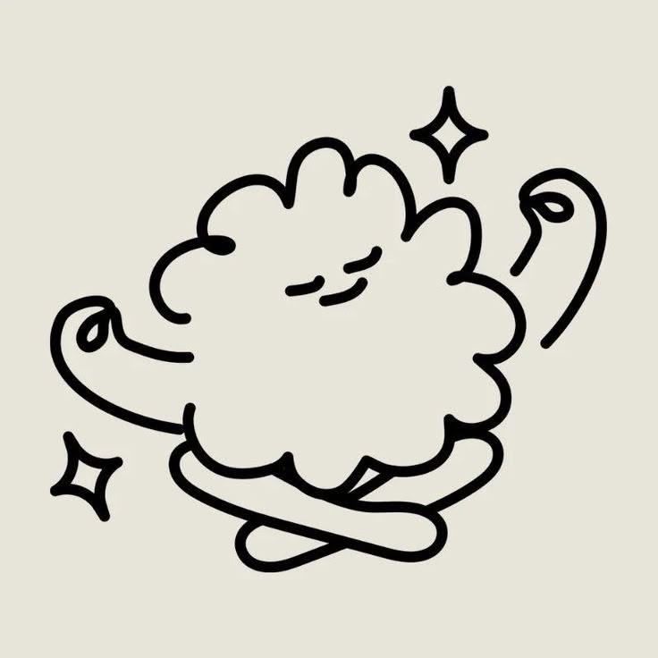This is a minimalist line art illustration depicting a stylized, fluffy cloud shape with small star accents emanating from it. The design uses clean, continuous lines to suggest softness and light, creating a gentle and whimsical visual.