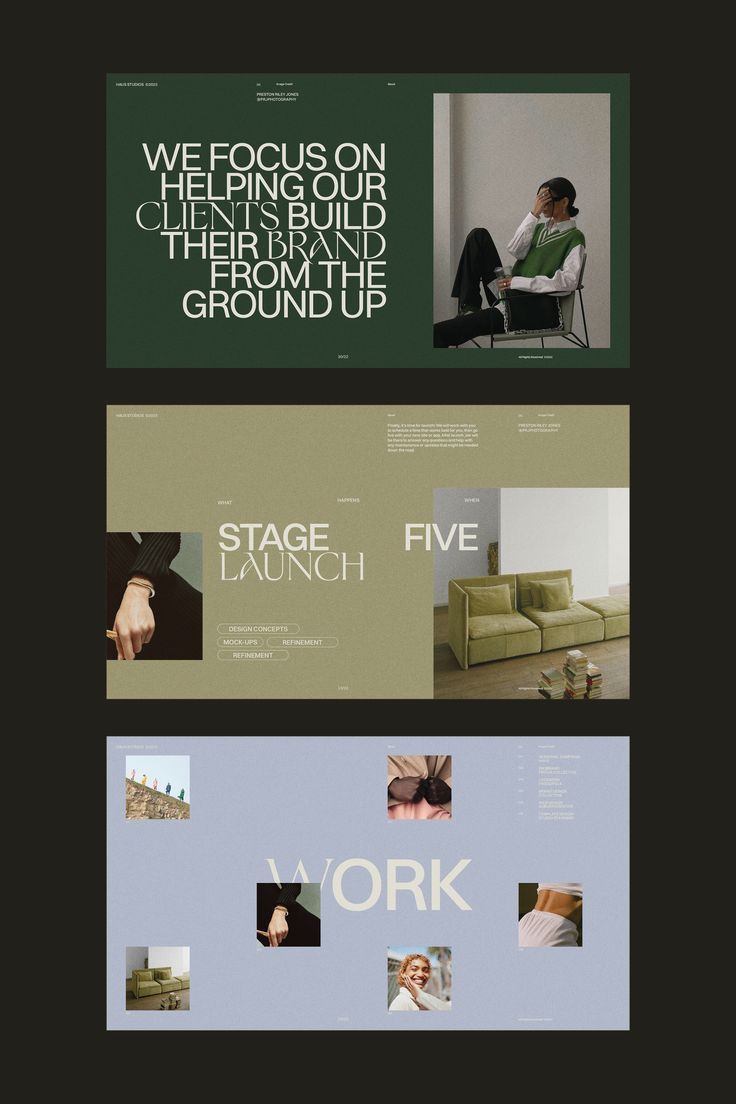The design features a minimalist, sophisticated aesthetic characterized by muted earth tones and ample negative space. The layout is clean and modular, using large blocks of color to separate distinct project showcases.