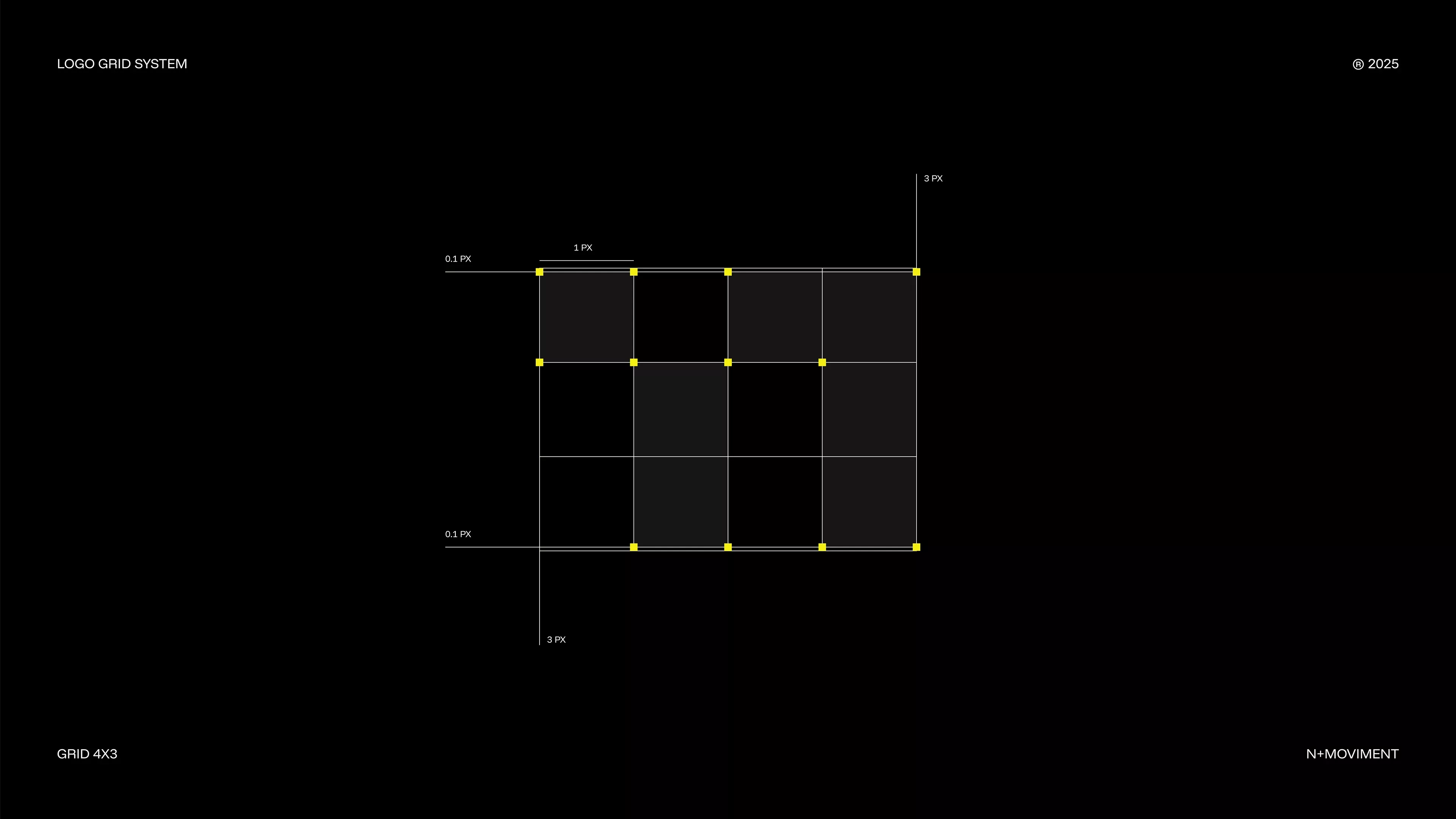 This image presents a minimalist, technical diagram featuring a grid structure against a stark black background. The design emphasizes precision, order, and structural representation, typical of technical schematics or UI wireframing.