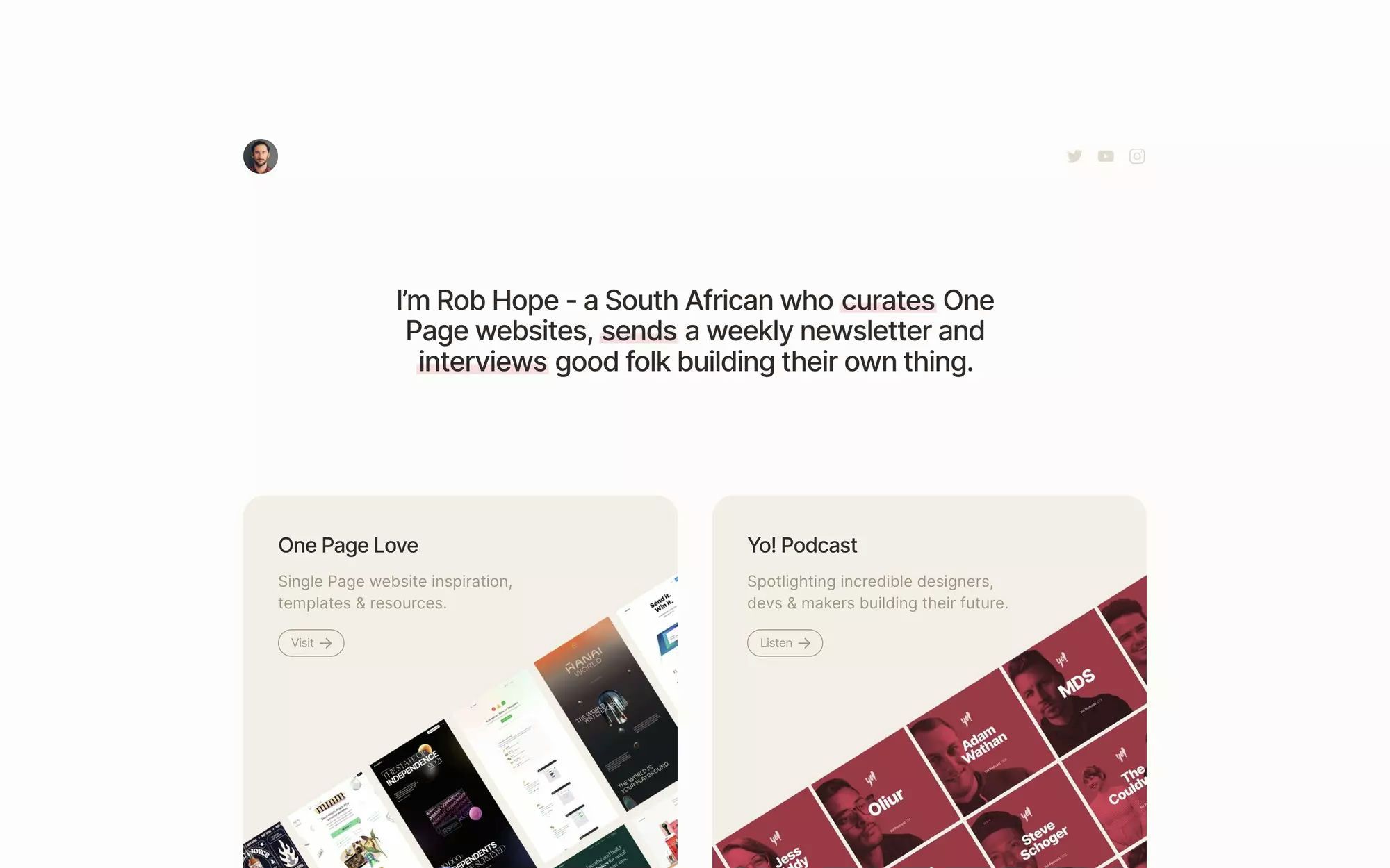 The image presents a clean, minimalist profile introduction with a focus on personal branding. The design uses ample white space and subtle visual hierarchy to present the individual's role and featured projects in a structured, professional manner.