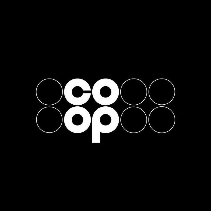A minimalist logo design featuring the word 'coop' with bold, geometric letterforms integrated into a circular grid pattern. The design uses stark contrast between white typography and outlined circles against a pure black background, creating a modern and highly legible mark.