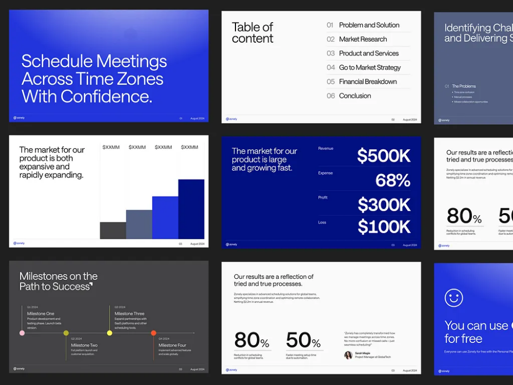The design features a professional, data-driven aesthetic using deep blues and bright accents to create high contrast. The layout is highly structured, utilizing distinct blocks and charts to clearly segment complex information regarding market expansion, financial performance, and project milestones.