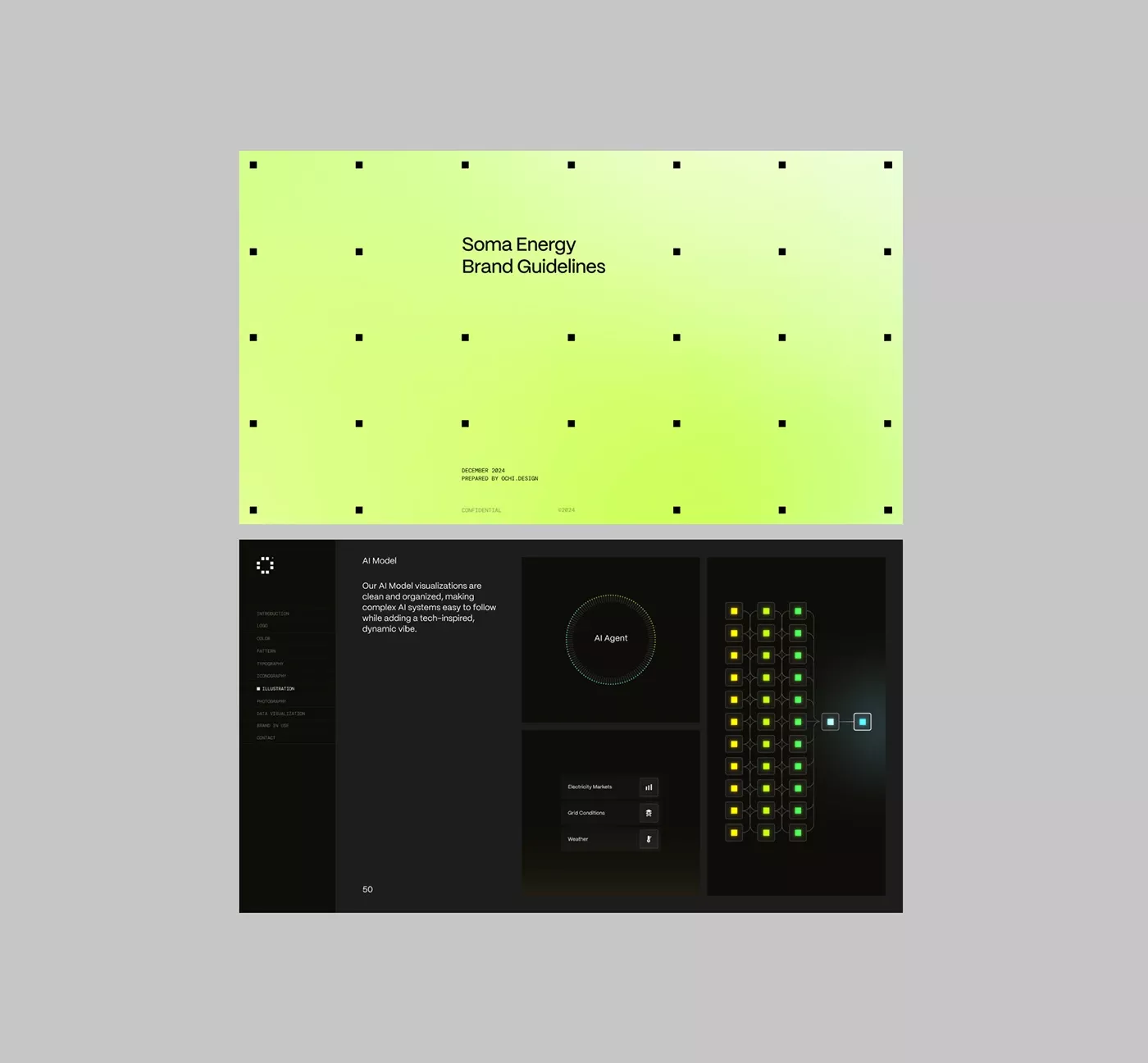 The design employs a clean, modern corporate aesthetic utilizing strong contrast between luminous lime green elements and dark backgrounds. The visual language is professional and structured, effectively blending brand guidelines with technical UI mockups to convey clarity and innovation.