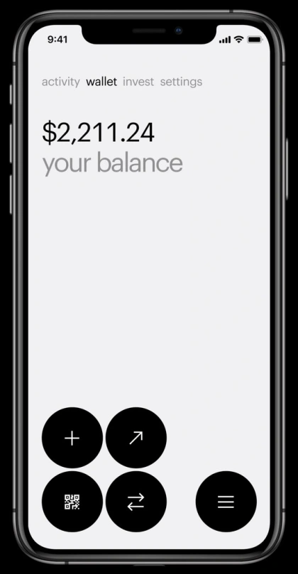 The interface presents a clean, minimalist mobile banking screen with high contrast and ample white space. The design emphasizes clarity and functionality through simple typography and clear iconography, resulting in a modern and professional feel.