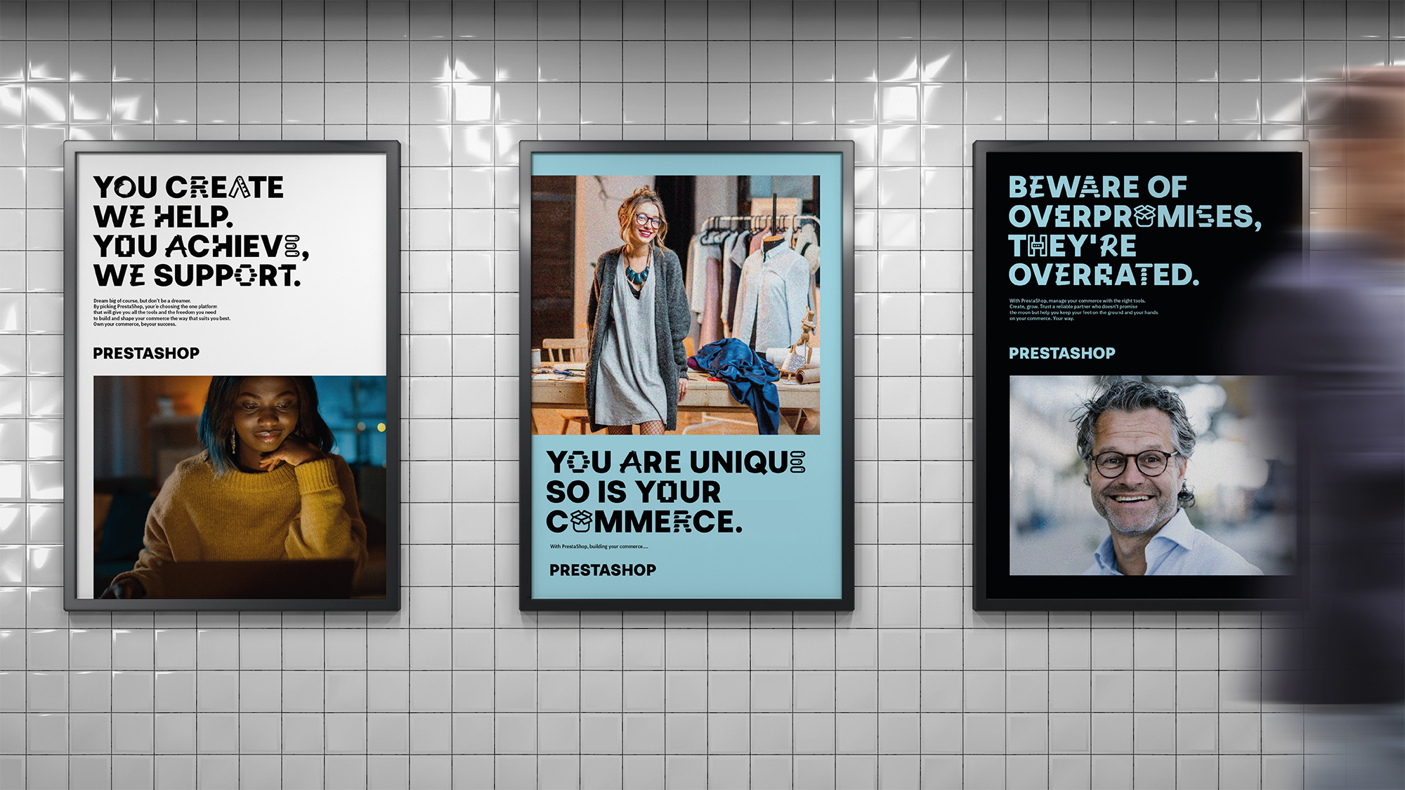 This image displays three distinct, vertically oriented promotional or inspirational posters set against a grid background. The design uses high-contrast photography paired with clean, bold typography to convey strong, assertive messages related to business and personal achievement.