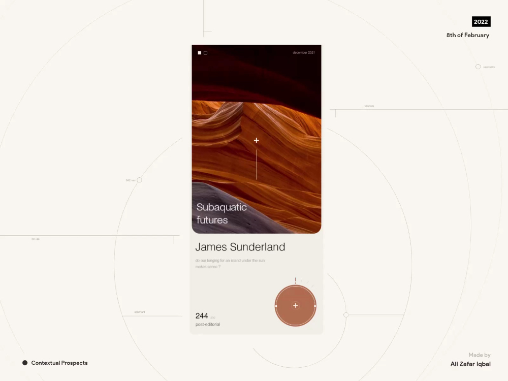 This design exemplifies sophisticated minimalism, using warm organic gradients and ample negative space to create an elegant editorial feel. The visual language is clean, structured, and highly refined, balancing strong focal points with subtle, circular guiding elements.