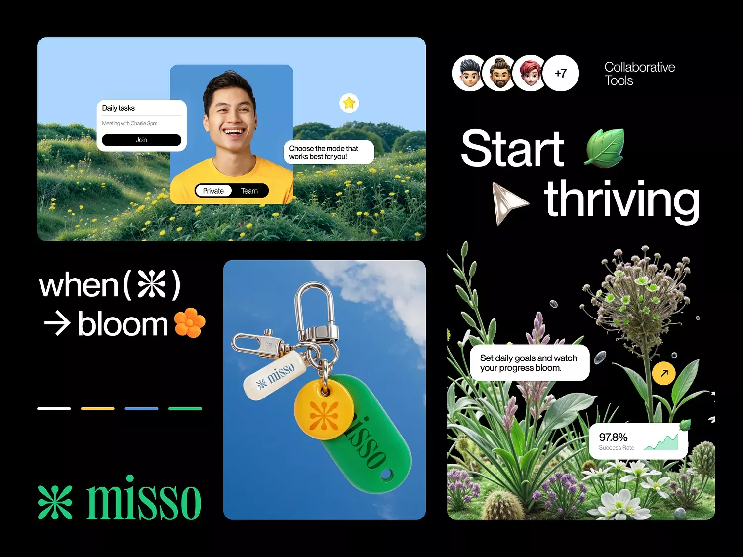 This design successfully blends modern digital UI elements with organic, nature-inspired imagery to convey themes of growth and productivity. The visual language is clean and optimistic, using soft greens and yellows to create an inviting and trustworthy atmosphere for a collaboration-focused product.