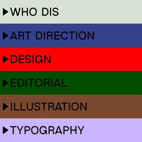 This image presents a highly structured, modern list utilizing bold color blocking to categorize creative disciplines. The visual language is clean and functional, relying on strong horizontal divisions to separate distinct concepts clearly. The overall feel is professional, organized, and vibrant.