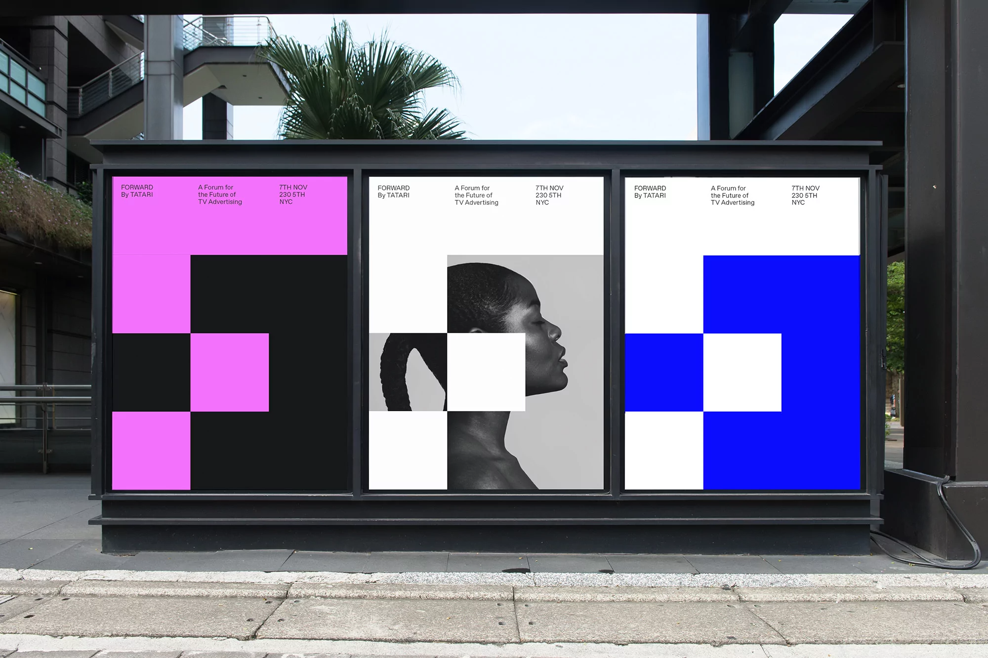 This display utilizes a strong, modern visual language characterized by bold geometric shapes and high-contrast color blocking. The design effectively uses negative space and distinct color palettes to segment information into three compelling, yet cohesive, panels. The overall feel is professional, conceptual, and highly contemporary.
