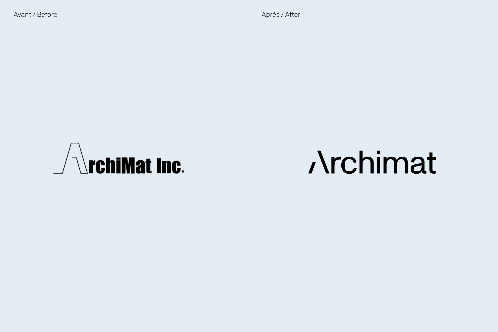 The image presents a minimalist, clean design contrasting two versions of a logo or wordmark side-by-side, labeled 'Avant/Before' and 'Après/After'. The visual language is stark, relying on negative space and simple typography to convey a sense of evolution or transformation.