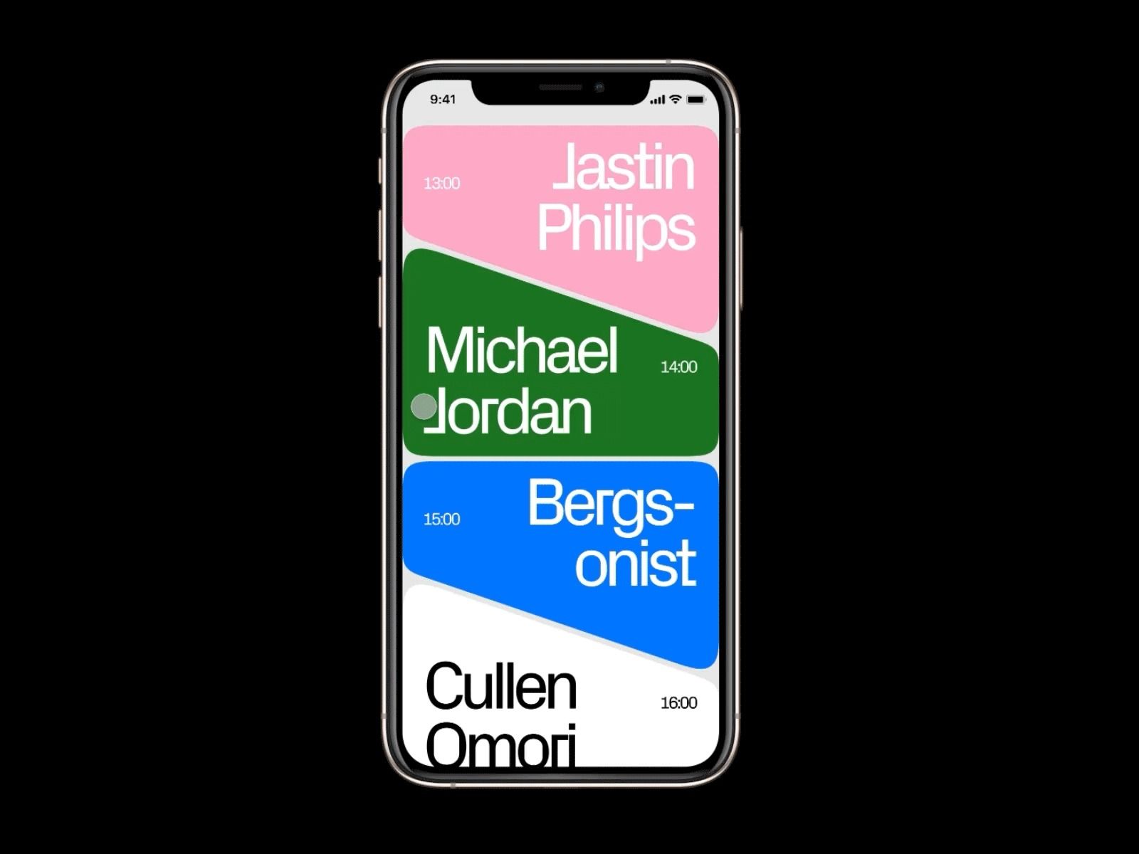 This image presents a clean, modern mobile interface design, likely a schedule or event listing, utilizing distinct color blocks to separate entries. The visual language is structured and functional, prioritizing readability through high contrast between text and background.