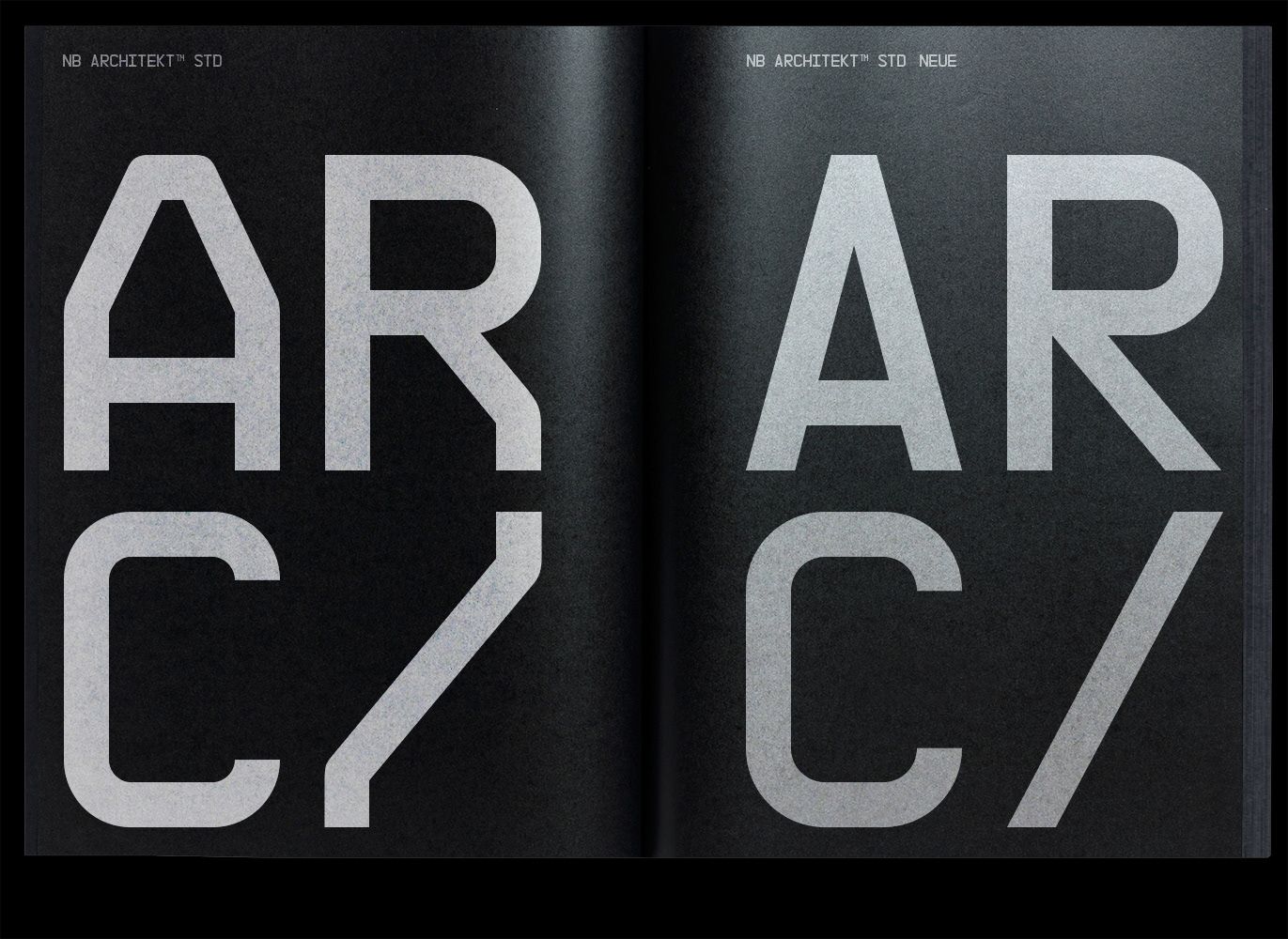 This is a stark, high-contrast typographic design featuring large, bold, sans-serif letters that create a strong, monolithic visual impact. The composition relies heavily on negative space and the juxtaposition of light gray text against a deep black background, conveying a sense of modern minimalism and architectural precision.