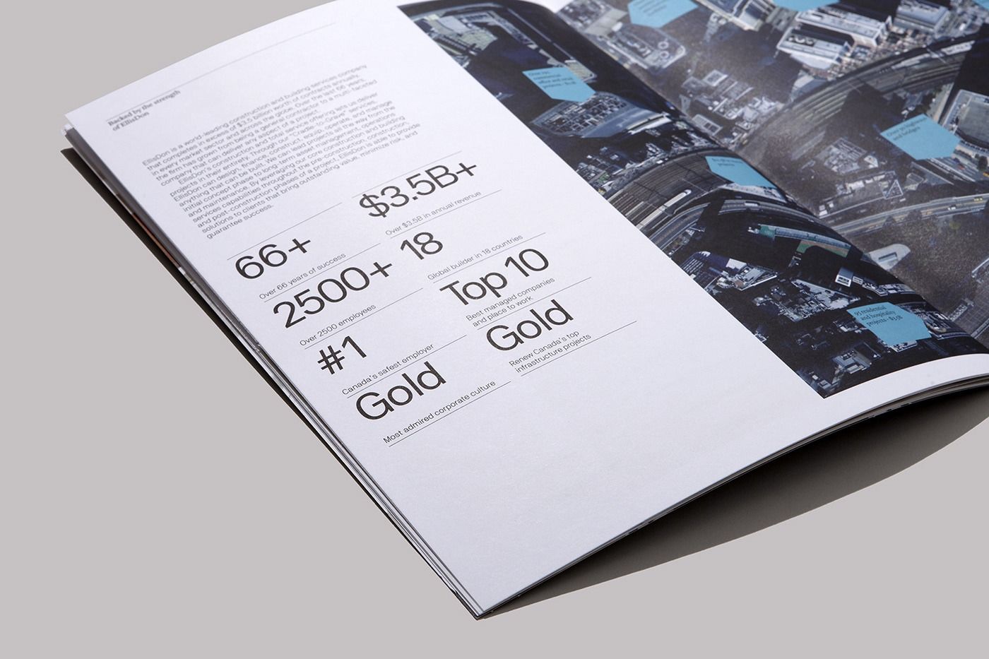 This page utilizes a clean, sophisticated visual language, balancing dense statistical data with high-quality photographic textures. The design emphasizes trust and professionalism through generous use of white space and a strong grid structure, making complex corporate achievements easily digestible.