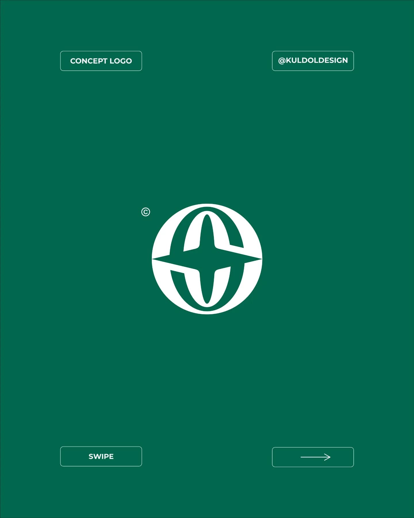 A minimalist concept logo featuring a geometric circular symbol with interlocking curved segments on a rich teal background. The design employs a clean, modern aesthetic with high contrast white linework against the deep green field, creating a sophisticated and contemporary visual identity.