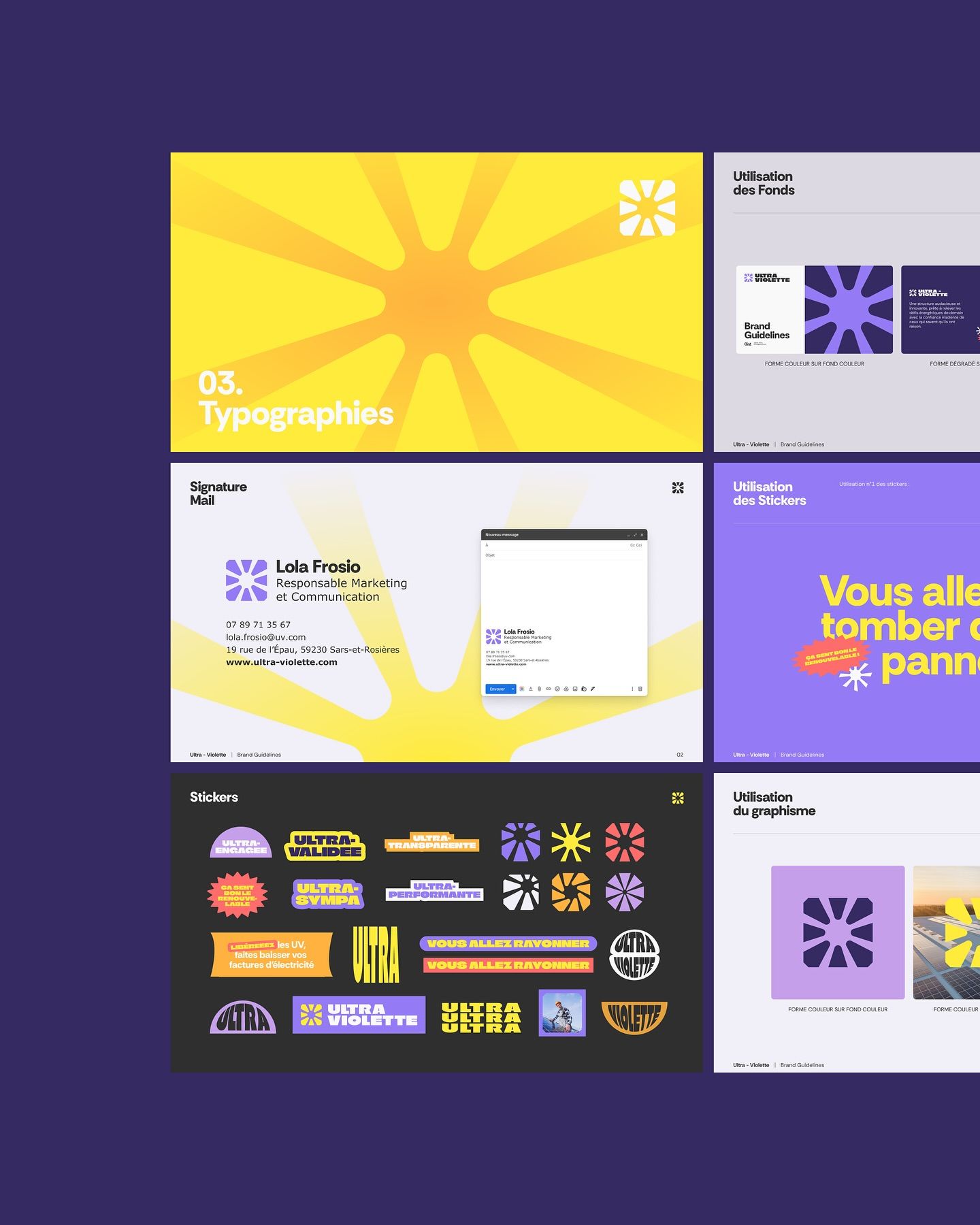 This presentation utilizes a clean, modular grid layout to showcase design concepts, employing high contrast between vibrant yellow accents and deep purple tones. The visual language is modern and structured, effectively balancing bold graphic elements with clear textual information.