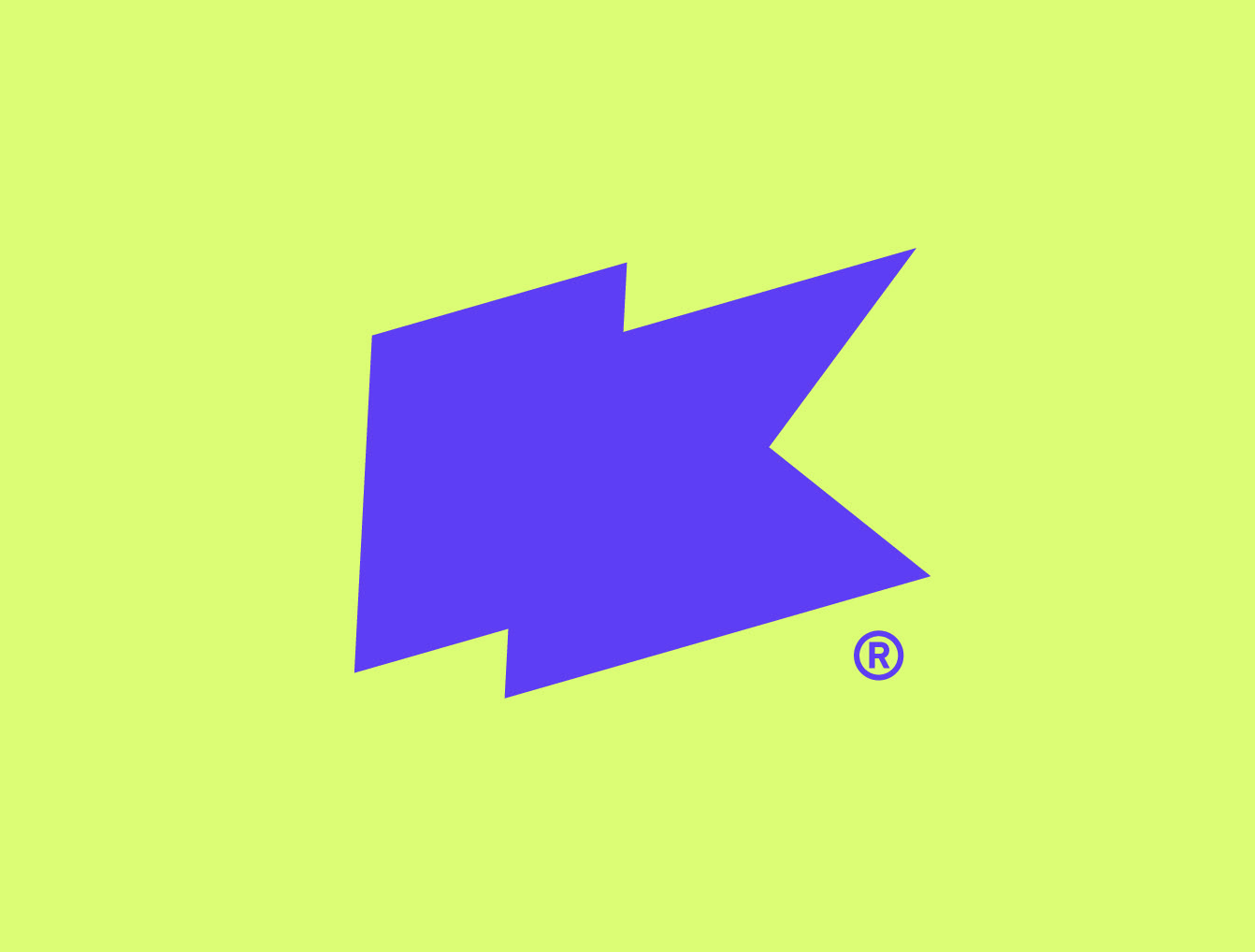 The image features a bold, abstract shape rendered in a vibrant purple against a soft, light lime green background. The design is modern and minimalist, relying on strong geometric forms to create a distinct, recognizable mark.